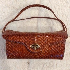 Vintage Snakeskin Structured Hard Shell Handbag Clutch Box Purse Double Strap